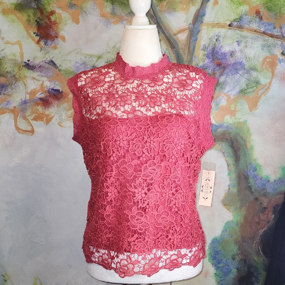 Nanette Lepore Pink Lace Sleeveless Mandarin Collar Blouse